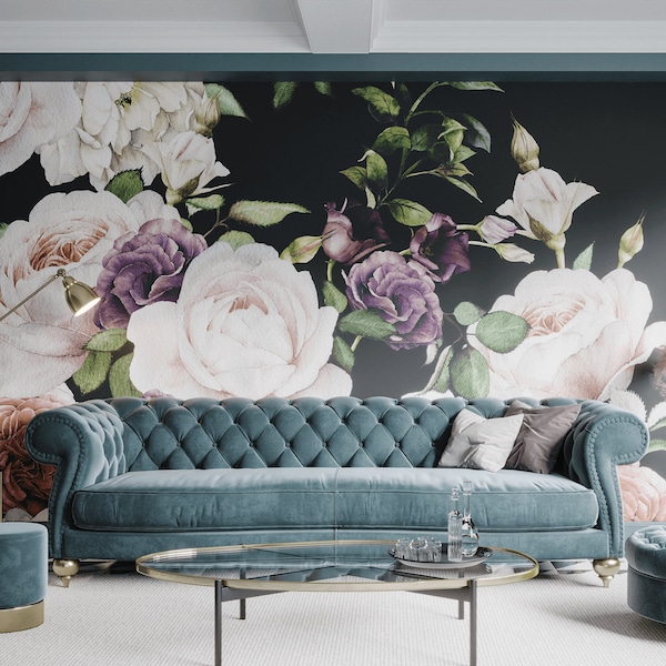 Black Floral Wallpaper Etsy UK