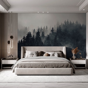 Papier peint scène de forêt | Superbe décoration murale paysage de forêt brumeuse