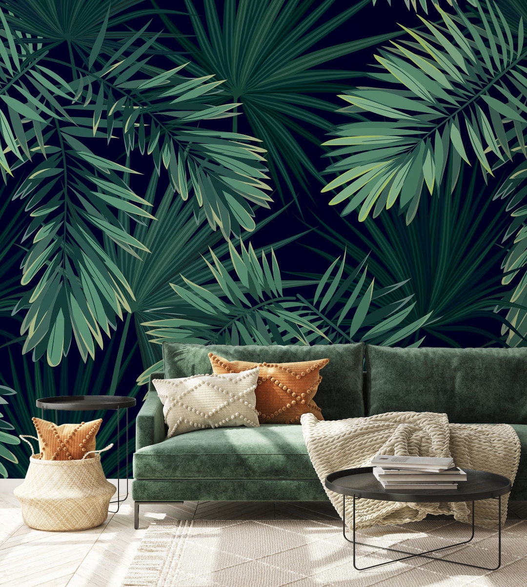Tropical Palm Wallpaper Stunning Dark Green Tropical Wallpaper Etsy UK