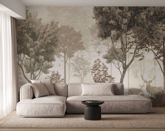 Beige Woodland Wallpaper Mural | Calming Forest Scene with Deer