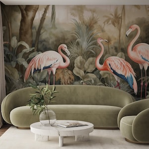 Jungle flamingo behang muurschildering