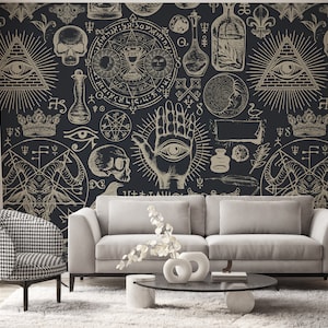 Gothic Style Wall Mural | Occult Wall Mural | Mystical Wallpaper Mural With Skulls, Bats, Moons and More
