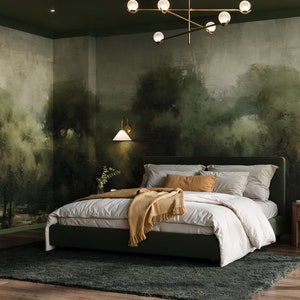 Vintage Wald Tapete Wandbild | Grüner Aquarell Wald Wallpaper