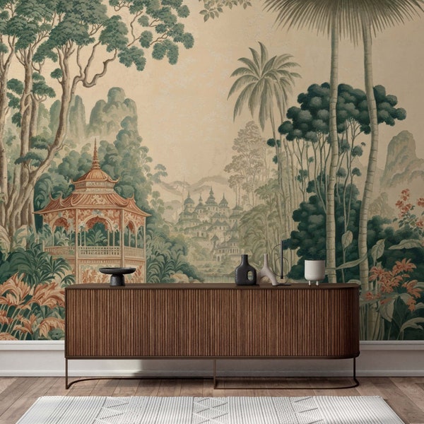 Asian Style Pagoda Wallpaper Mural | Tropical River Scene Wall Mural