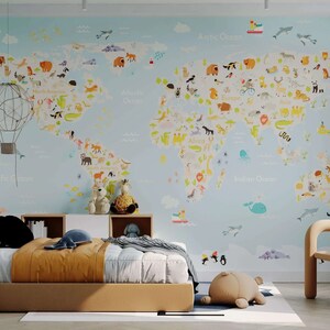 Kids Map Wallpaper | Fun Animal Children's Map Wallpaper For Kids Bedroom, Nursery or Playroom | Available in Blue, Pink Grey & More