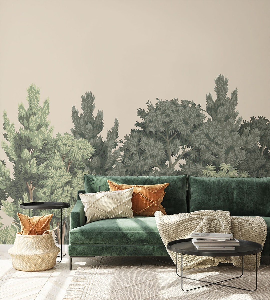 Forest Trees Wallpaper Mural Wallpaper Available in Beige, Navy & Green