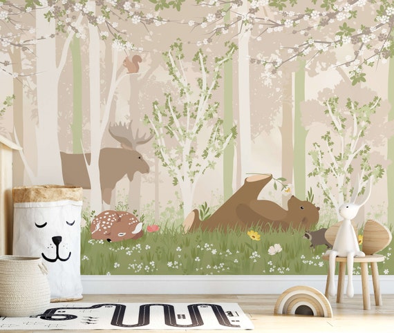 decalmile Adesivi Murali Albero di Betulla Grande Adesivi da Parete Animali del Bosco Orso Volpe Decorazione Murale Camerette Bambini Soggiorno(H: 65 inches/165 cm