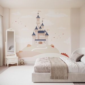 Mural de papel pintado de castillo de cuento de hadas para niños / Mural de pared para dormitorio de niñas