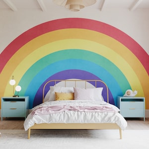 Mural de papel pintado de arco iris para niños / Mural de pared de arco iris colorido ilustrado para niños