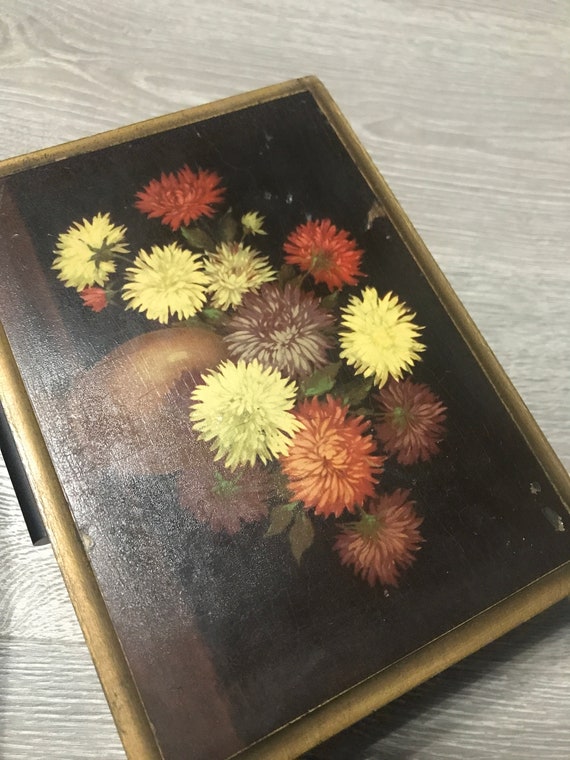 VTG Wooden Trinket Box with Flower Painting 70s j… - image 2