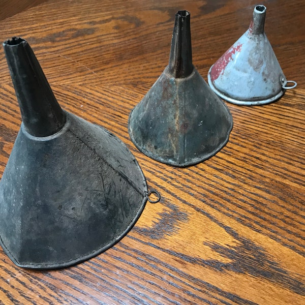 VTG Metal Funnel Set of 3 Distressed Patina 2 w star shaped Garage Art 3.5” 5” & 7” tall