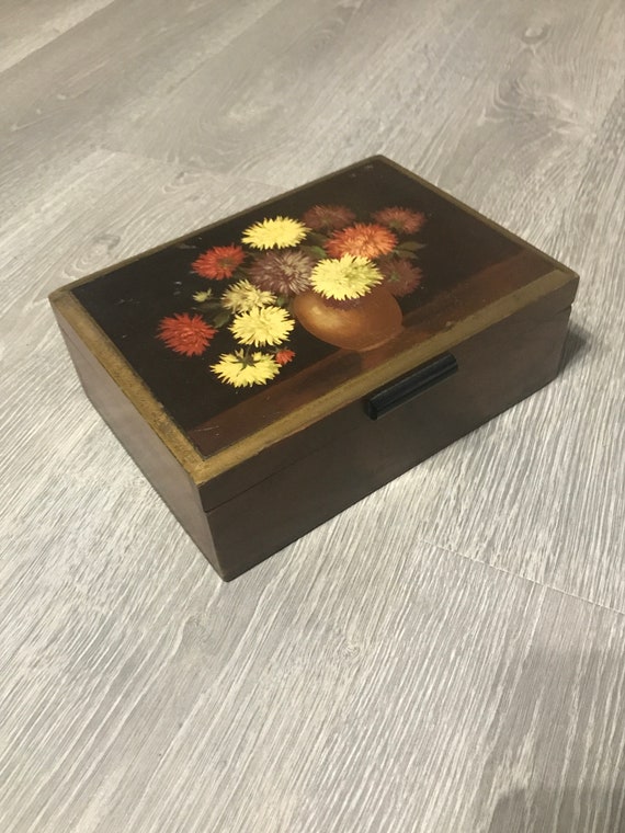 VTG Wooden Trinket Box with Flower Painting 70s j… - image 10