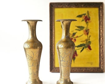 Pair of Vintage Brass Etched Vases, Brass Accents, Bookshelf Decor