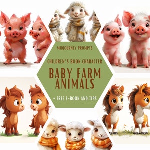 Midjourney Prompts voor kinderboek illustraties, Midjourney kinderboek Prompt, Midjourney baby boerderij dieren Prompt, varken, cartoon