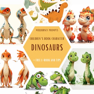 Midjourney Prompts voor kinderboek illustraties, Midjourney kinderboek , Midjourney dinosaurus, fantasie, schattig, illustratie, cartoon