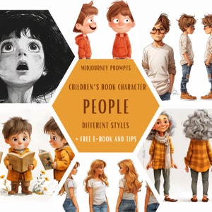 Midjourney Prompts voor kinderboek illustraties, Midjourney kinderboek Prompt, Midjourney people Prompt, jongen, meisje, oma, cartoon