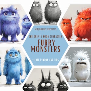 Midjourney Prompts voor kinderboek illustraties, Midjourney kinderboek Prompt, Midjourney harige monsters Prompt, monster, schattig, cartoon