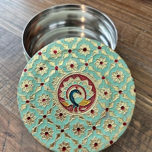 Steel Laddu Box Enamel Decor| Decorative Mithai Box | Shagun Essentials | Gifting Favor Boxes | Pooja | Bhaji boxes | Mithai boxes | Gifting