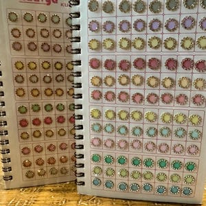 May include: A close-up of two pages from a book of colorful round stickers with gold trim. The book is titled "Raavya Kumkum Bindi".