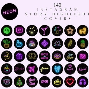 May include: 140 neon Instagram story highlight covers with various designs, including a peace sign, a cactus, a bowling pin, a game controller, a house, a feather, a pineapple, a plant, a monstera leaf, a donut, a camera, a pizza slice, a coffee cup, a rose, a crown, a heart, and headphones.