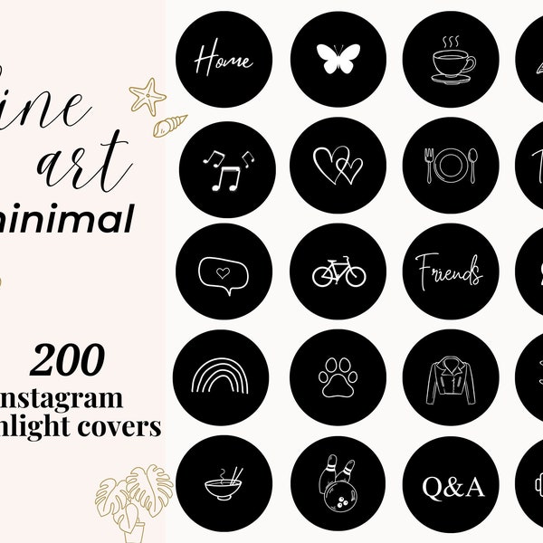 200 Insta Highlight Covers Black Line Art, Boho Cute IG Story Icons, Minimal Hand Drawn Lifestyle Cover, Minimalist Business Instagram Pack