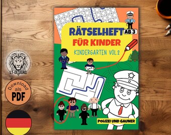 Puede incluir: Una portada de libro ilustrada en verde y rojo con el título "Rätselheft für Kinder Kindergarten Vol. 2" y el texto "Polizei und Gauner" en la parte inferior. La portada del libro presenta un laberinto, un policía y un grupo de ladrones.