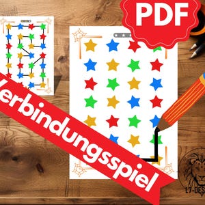 Könnte beinhalten: Ein druckbares PDF-Spiel mit bunten Sternen und einer Bleistiftillustration. Das Spiel zeigt ein Raster aus Sternen in verschiedenen Farben, darunter Rot, Blau, Grün und Gelb. Das Wort "Verbindungsspiel" steht auf dem Bild.