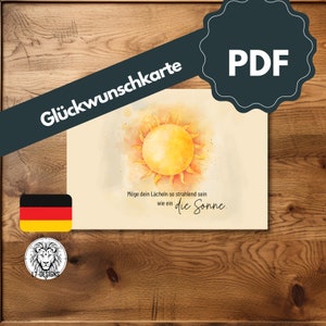 Tarjeta de felicitación por su nacimiento/cumpleaños - con el deseo "Que tu sonrisa sea tan brillante como el sol" Tarjeta plegable en PDF postal bebé