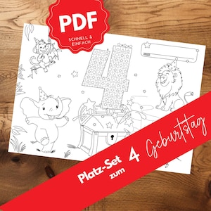 Puede incluir: Juego de manteles individuales imprimibles en PDF en blanco y negro para un cuarto cumpleaños. El diseño presenta un elefante, un león y un mono de dibujos animados con sombreros de fiesta. El número 4 está decorado con estrellas y formas. Texto: "PDF", "Schnell & Einfach", "Platz-Set 4 zum Geburtstag".