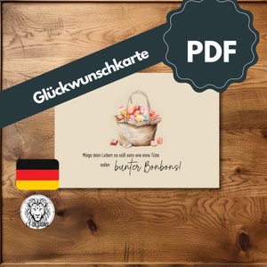Tarjeta de felicitación por tu nacimiento/cumpleaños - con el deseo "Que tu vida sea tan dulce como una bolsa llena de caramelos de colores" Tarjeta plegable en PDF