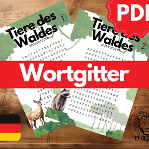Könnte beinhalten: Zwei druckbare Wortsuchrätsel mit Tieren des Waldes. Die Rätsel sind mit "Tiere des Waldes" in Deutsch betitelt. Die Rätsel sind mit 1 und 2 nummeriert.