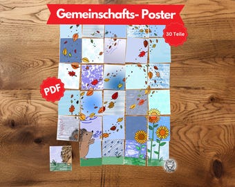 May include: A colorful poster with 30 pieces, featuring a hedgehog blowing leaves, sunflowers, and a blue sky. The poster is titled "Gemeinschafts-Poster" and has the word "PDF" in a red circle.
