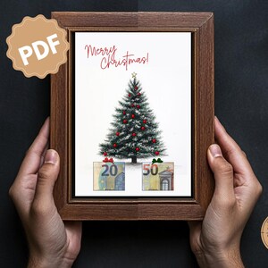 May include: A framed print with a Christmas theme. The artwork features a decorated Christmas tree with red ornaments and a star on top. The words "Merry Christmas!" are written above the tree. Below the tree are two gift boxes with the numbers 20 and 50.