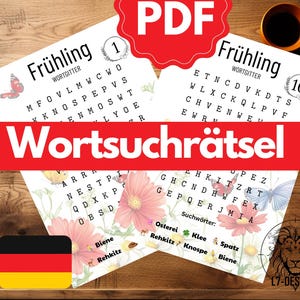 Könnte beinhalten: Ein druckbares Wortsuchrätsel mit Frühlingsmotiv. Das Rätsel zeigt einen floralen Hintergrund mit Schmetterlingen und die Wörter "Frühling" und "Wortsuchrätsel" in roter Schrift.