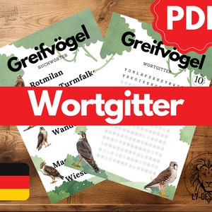 Könnte beinhalten: Zwei druckbare Arbeitsblätter für Kinder, um etwas über Greifvögel zu lernen. Das erste Arbeitsblatt enthält ein Suchwort mit den Namen verschiedener Greifvögel, wie Rotmilan und Turmfalke. Das zweite Arbeitsblatt ist ein Wortpuzzle mit den Buchstaben der Vogelnamen, die durcheinander gebracht wurden. Beide Arbeitsblätter zeigen Illustrationen von Greifvögeln.