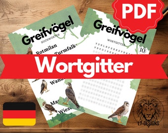 GRILLE DE MOTS Oiseaux de proie | Mots croisés | Apprentissage pour les enfants | Documents imprimables | Recherche de mots | Puzzles pour enfants | apprendre l'allemand