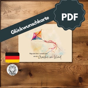 Tarjeta de felicitación por su nacimiento/cumpleaños - tarjeta con el deseo "Que tu corazón sea tan ligero como una cometa en el viento" como descarga en PDF