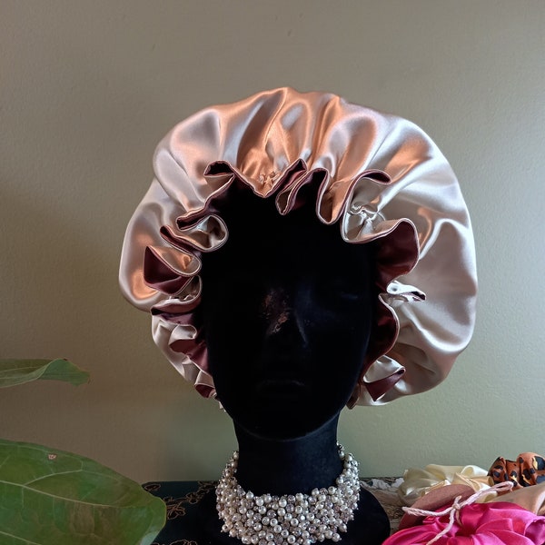 Evelyn| Handmade| Reversible|Ruffles| Satin Bonnet| With adjustable Strap| Champagne| Toffee