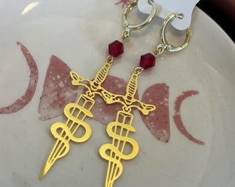 Gothic sword earrings with red pearl – Serpent Sword Earrings, Witchy Fantasy Jewelry, Silver or Gold
