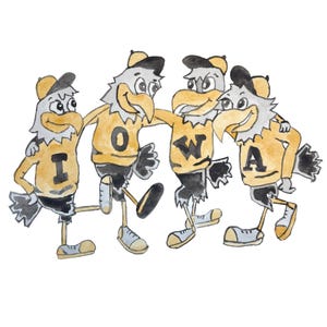 May include: Watercolor illustration of four cartoon eagles in yellow and black uniforms, each with a letter spelling "IOWA". The eagles are embracing and wearing hats, with a white background.