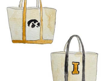 May include: Watercolor illustration of two canvas tote bags. One bag features a black and gold logo, the other has a gold "I" on the front. Both bags have cream-colored bodies with colored trim and handles.
