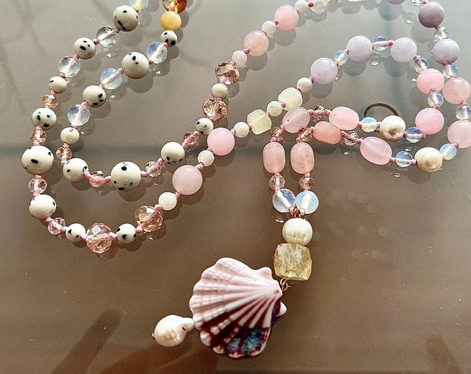 Semi-precious stone Mala pearl necklace SHELLYBEACH • UNIQUE PIECE,
