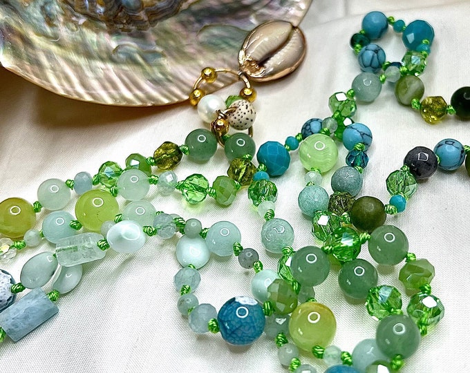Pearl necklace semi-precious stone necklace Mala "OCEANBREEZE" 56 cm