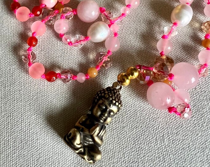 Necklace with semi-precious stones and freshwater pearls • 45 cm ROSECLOUD BUDDHA • SINGLE PIECE