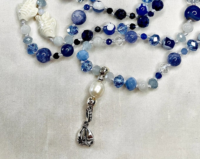 Semi-precious stone necklace pearl necklace 925ger silver pendant "SAIL LUCK" 50 cm
