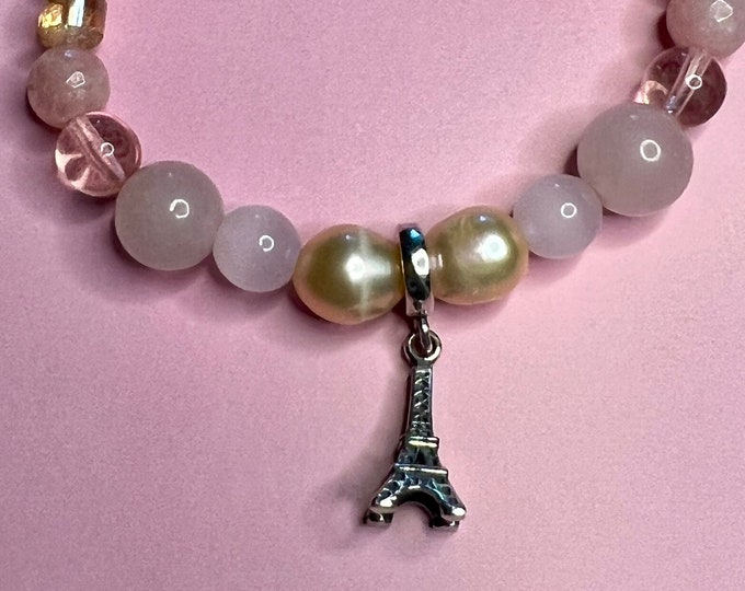 Pearl Bracelet Semi-Precious Stone Bracelet Rose Quartz 925ger Silver • Paris • "EIFFEL TOWER" Towny Loop •