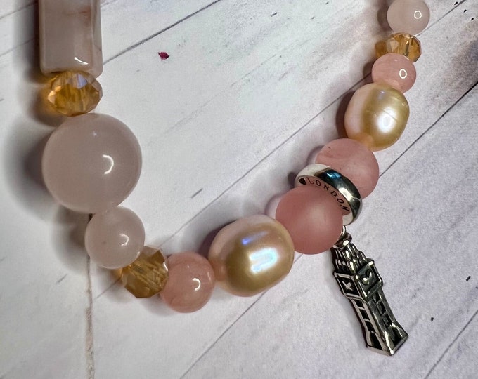 Pearl Bracelet, Semi-Precious Stones & Freshwater Pearls 925 Silver Pendant • London • "BIG BEN" Towny Loop