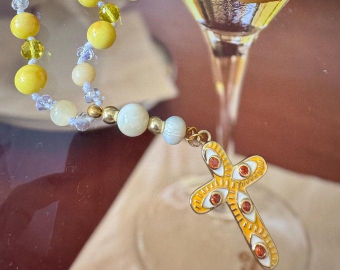 Semi-precious stone pearl necklace tourmaline jade freshwater pearl, with CROSS citrine agates and fire agates