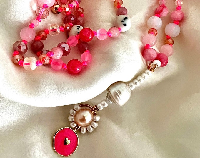 Semi-precious stone pearl necklace 56 cm rose quartz "HEART of the UNIVERSE"
