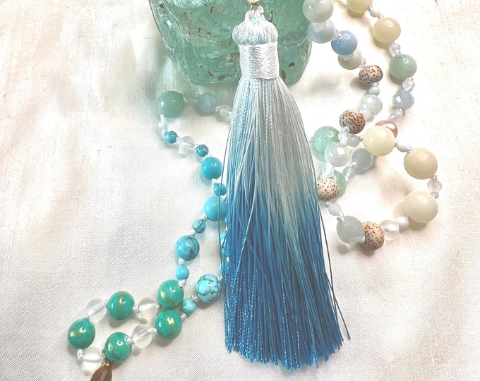 CRYSTAL SEA NECKLACE | Mala Bead Necklace | Aquamarine Necklace | Prayer Bead Necklace | Beautiful Mother Of Pearl Loving Made Mala Necklace